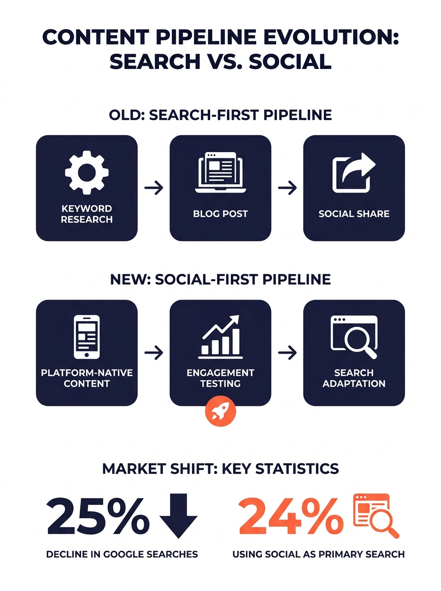 Infographic comparing the old search-first content pipeline (keyword research → blog post → social share) versus the new social-first pipeline (platform-native content → engagement testing → search ad