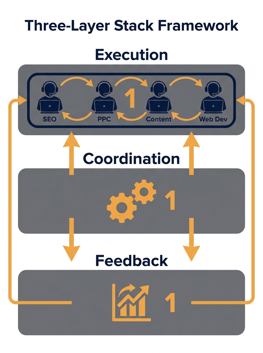 Infographic showing the Three-Layer Stack framework with three horizontal layers labeled Execution, Coordination, and Feedback, with arrows showing data flow between SEO, PPC, Content, and Web Dev spe