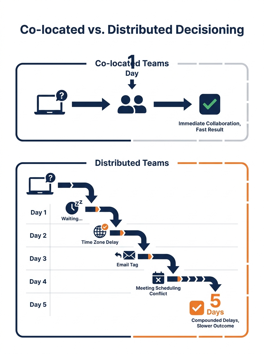 An infographic showing a timeline comparison of decision-making in co-located vs. distributed teams, with cascading delay effects illustrated across a 5-day work week, showing how a single unanswered