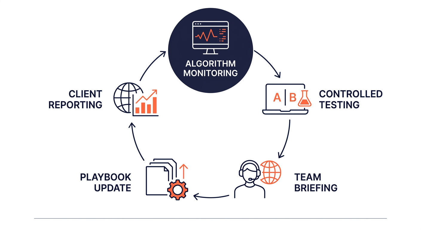 Diagram showing a continuous learning cycle for an outsourced marketing team with five stages in a circle: algorithm monitoring, controlled testing, team briefing, playbook update, and client reportin