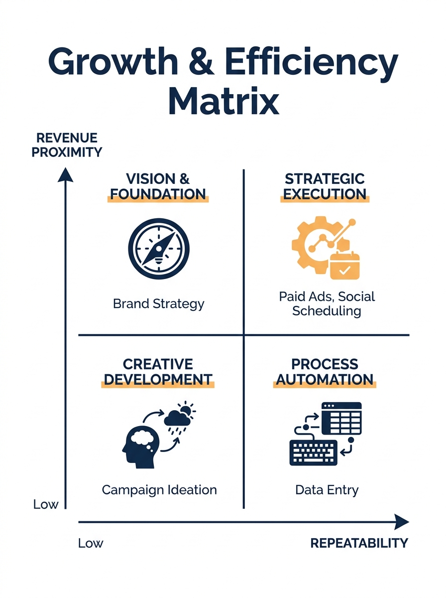 Infographic showing a 2x2 matrix with "Revenue Proximity" on the Y-axis and "Repeatability" on the X-axis, with marketing tasks plotted in each quadrant: paid ads and social scheduling in top-right, b