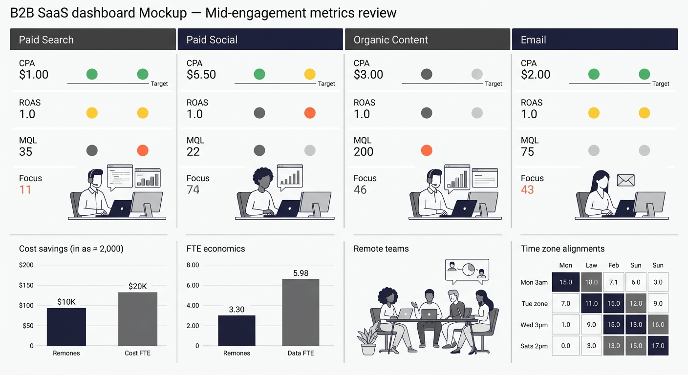 Dashboard mockup showing mid-engagement metrics review with four channel columns—Paid Search, Paid Social, Organic Content, Email—each displaying CPA, ROAS, and MQL counts against target thresholds wi