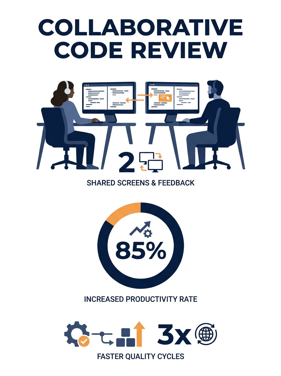 Software development team reviewing code on shared screens in a modern office with large monitors and collaborative workspace