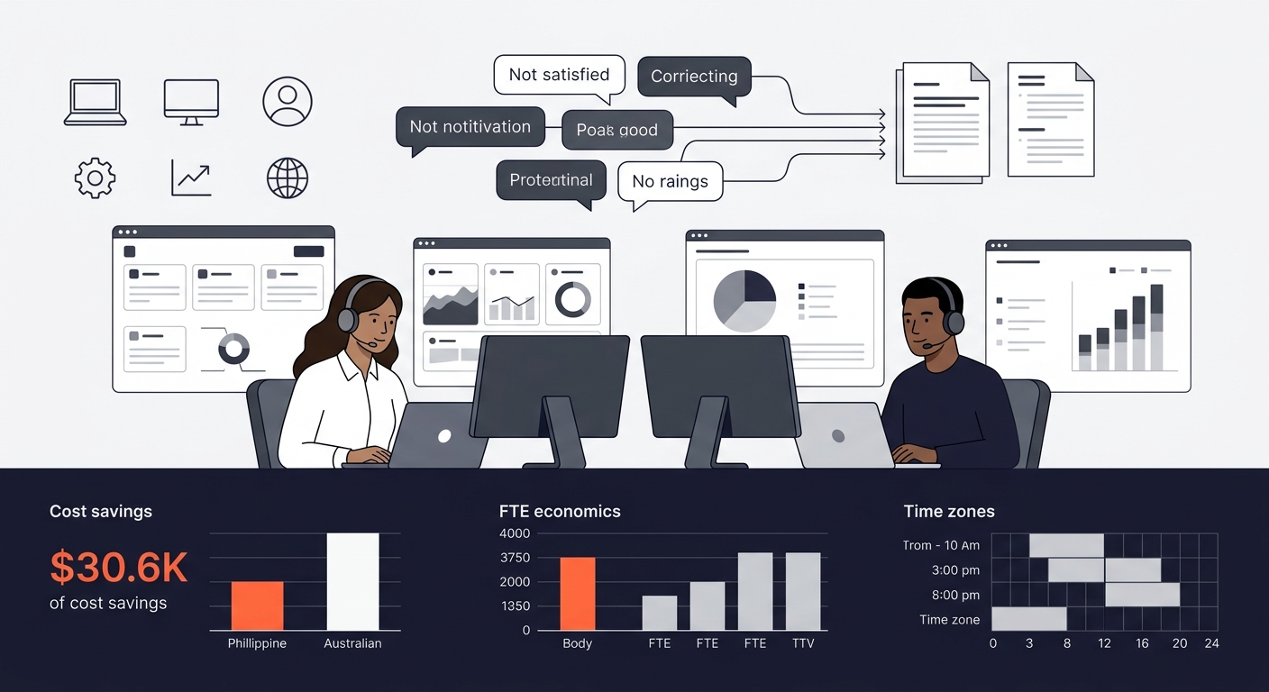 illustration of a Philippine marketing team at workstations reviewing social media dashboards and audience demographic charts, with speech bubbles showing audience sentiment categories being sorted in