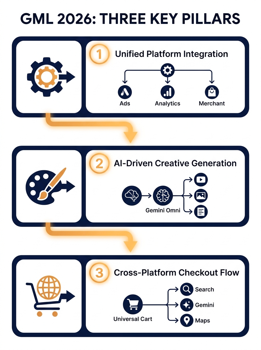 infographic showing three pillars of GML 2026 changes - Ask Advisor connecting Ads/Analytics/Merchant Center, Asset Studio with Gemini Omni for creative generation, and Universal Cart across Search/Ge
