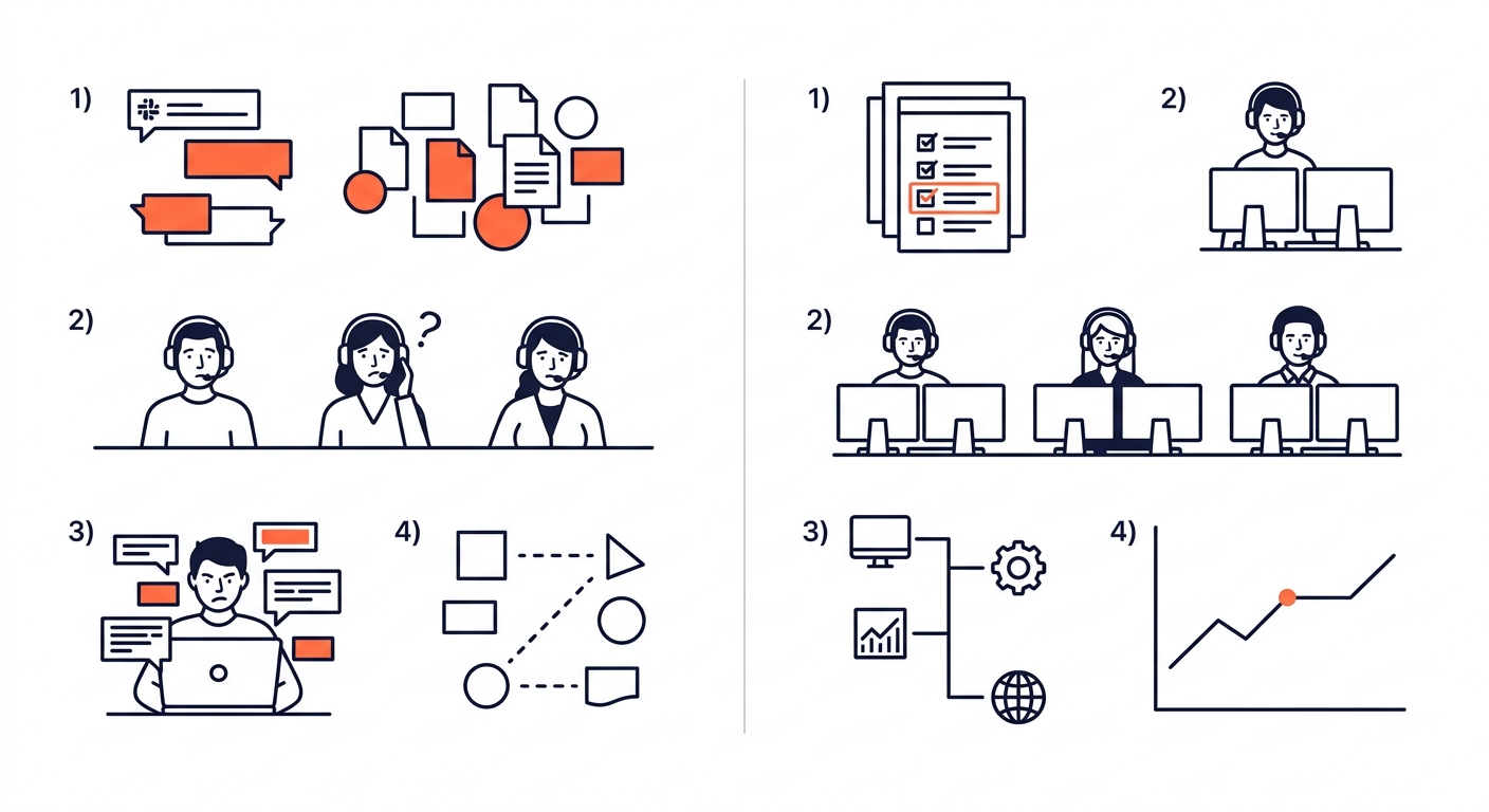 split comparison showing two scenarios side by side — a chaotic handoff with scattered Slack messages, loose files, and confused team members versus a structured intake process with organized document