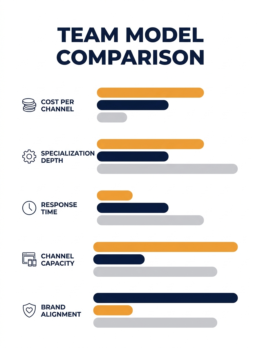 Infographic comparing three team models—in-house generalist, US agency retainer, and dedicated Philippine team—across five metrics: cost per channel, specialization depth, response time, channel capac