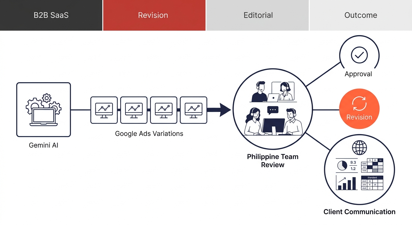 Workflow diagram showing a Gemini AI system generating Google Ads variations feeding into a Philippine team review node with approval, revision, and client communication branches