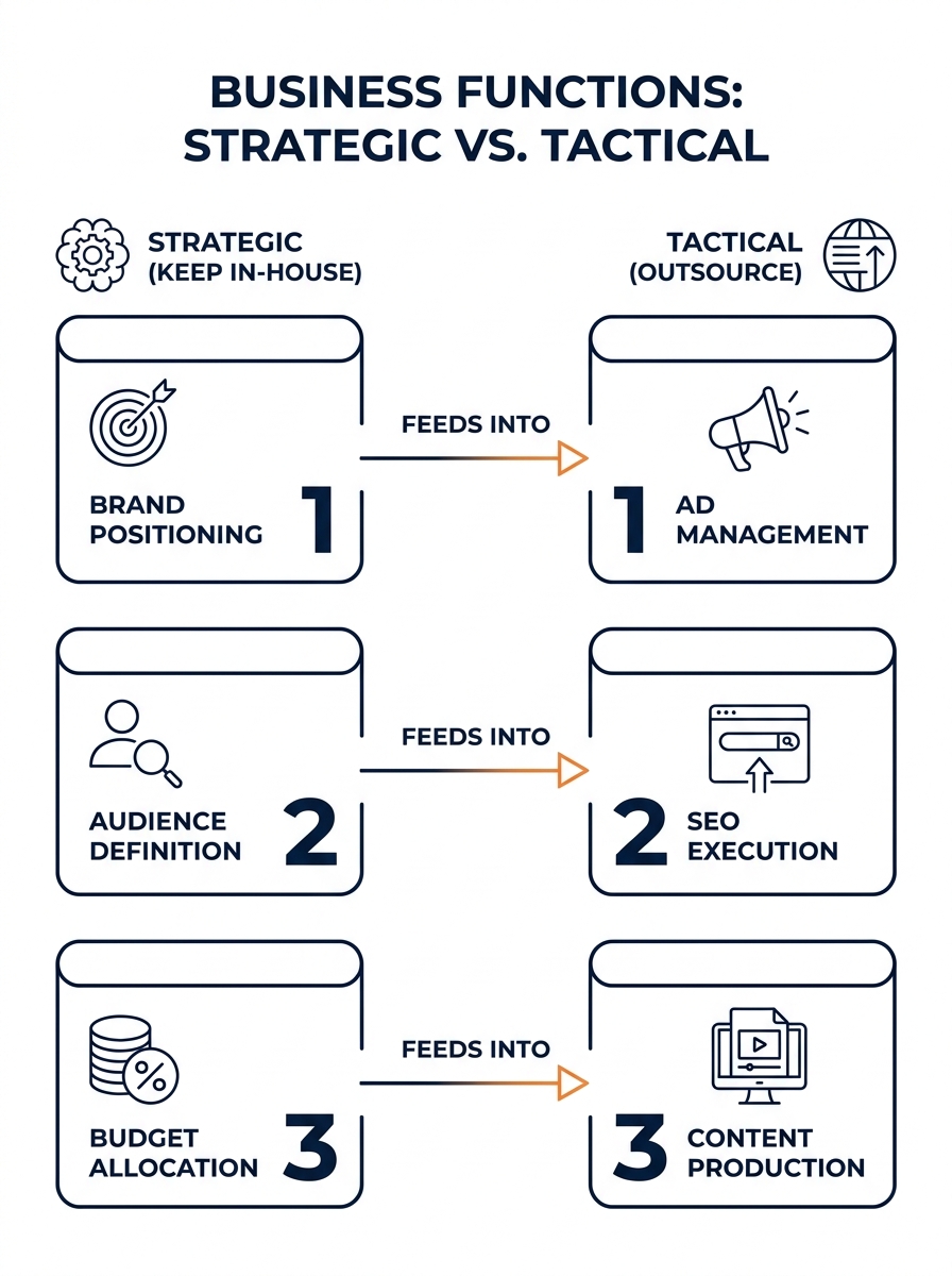 A two-column framework diagram showing "Strategic (Keep In-House)" items like brand positioning, audience definition, and budget allocation on the left, and "Tactical (Outsource)" items like ad manage