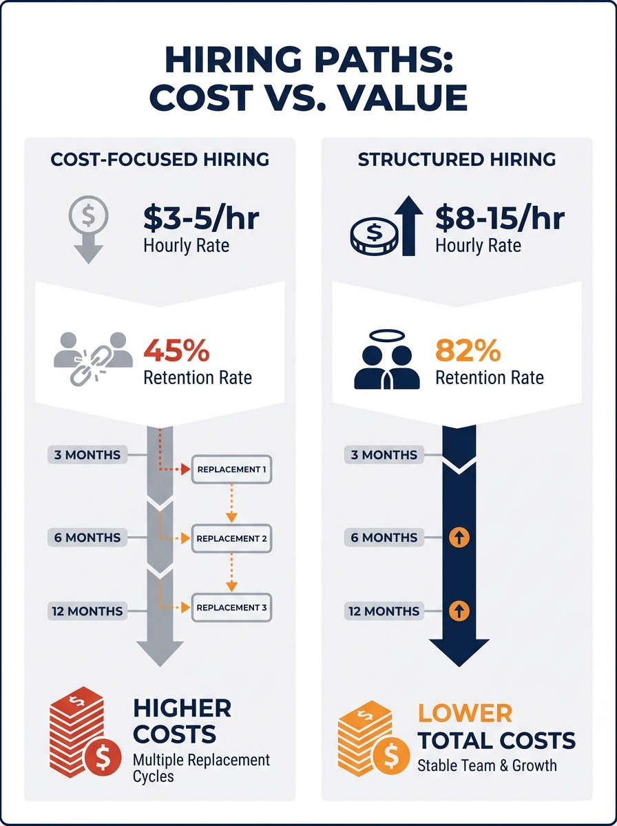 Infographic comparing two hiring paths side by side - left showing "cost-focused hiring" with $3-5/hr rate, 45% retention, multiple replacement cycles adding up costs; right showing "structured hiring
