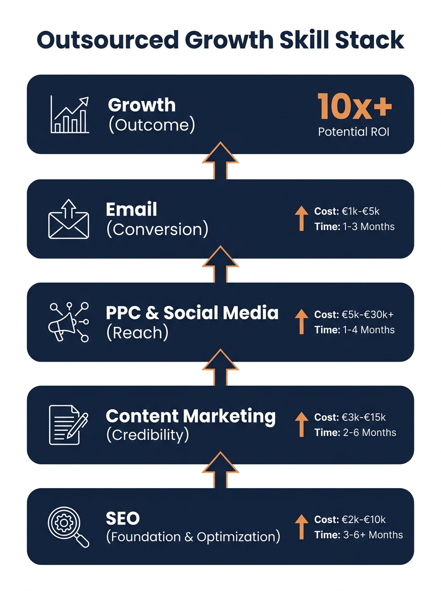 infographic showing a vertical skill stack with SEO at the base, content marketing in the middle, PPC and social media above, and email at the top, with arrows showing how each layer depends on the on