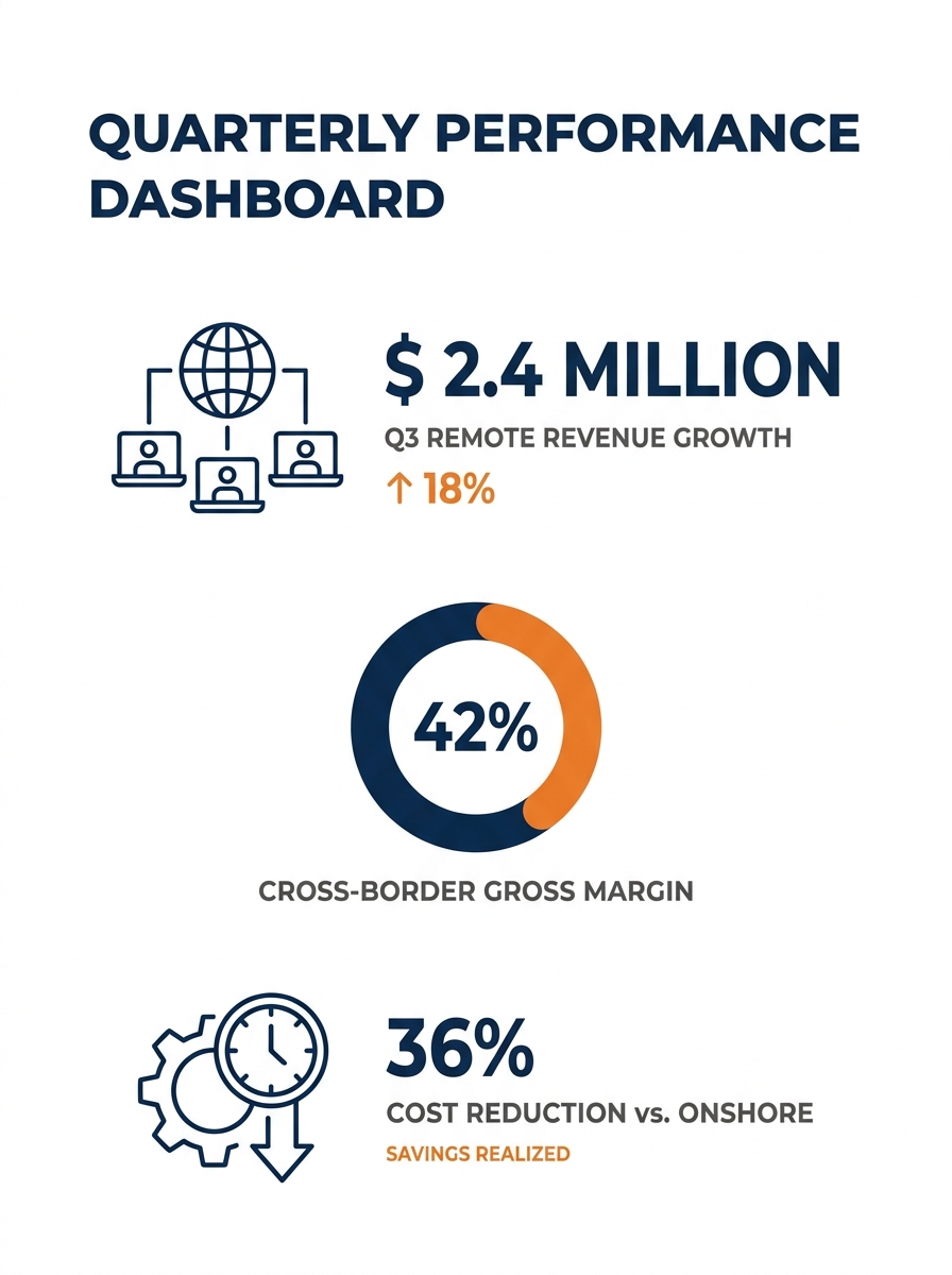 business dashboard showing quarterly revenue and margin data shared with remote team members
