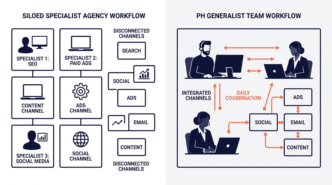 side-by-side comparison showing a siloed specialist agency workflow with disconnected channel boxes versus a Philippine generalist team workflow with integrated channels and daily coordination arrows
