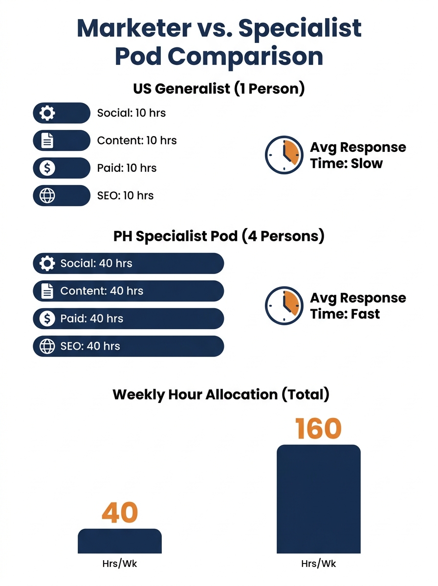 Infographic comparing a single US generalist marketer's weekly hour allocation across 4 channels versus a 4-person Philippine specialist pod, showing hours per week per channel and average response ti