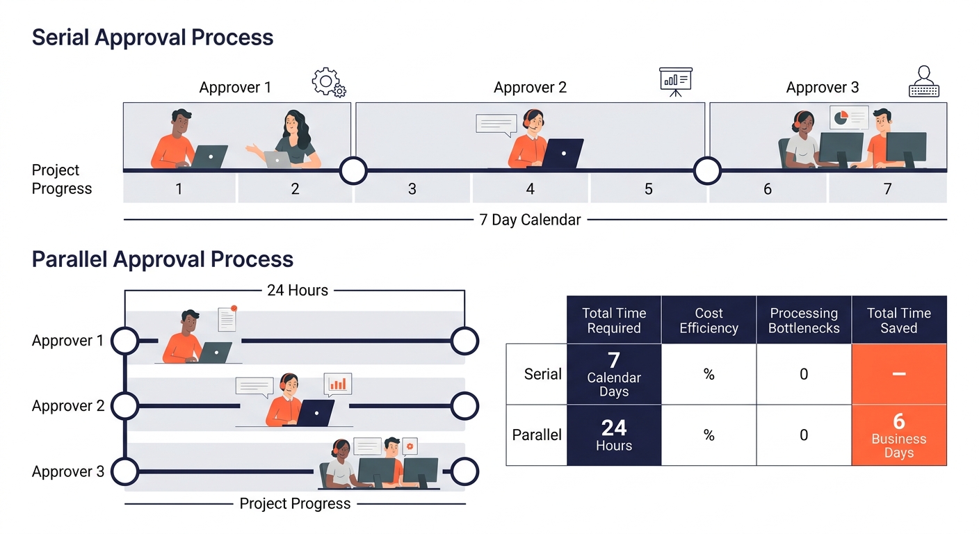 A workflow diagram comparing serial approval process with 3 approvers reviewing one after another over 7 calendar days versus parallel approval process with all 3 reviewing simultaneously within a 24-