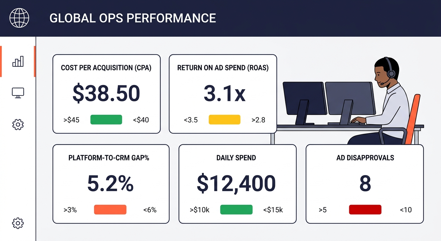 A dashboard mockup showing five metric cards with green, yellow, and red status indicators for CPA, ROAS, platform-to-CRM gap, daily spend, and ad disapprovals, each with threshold numbers displayed