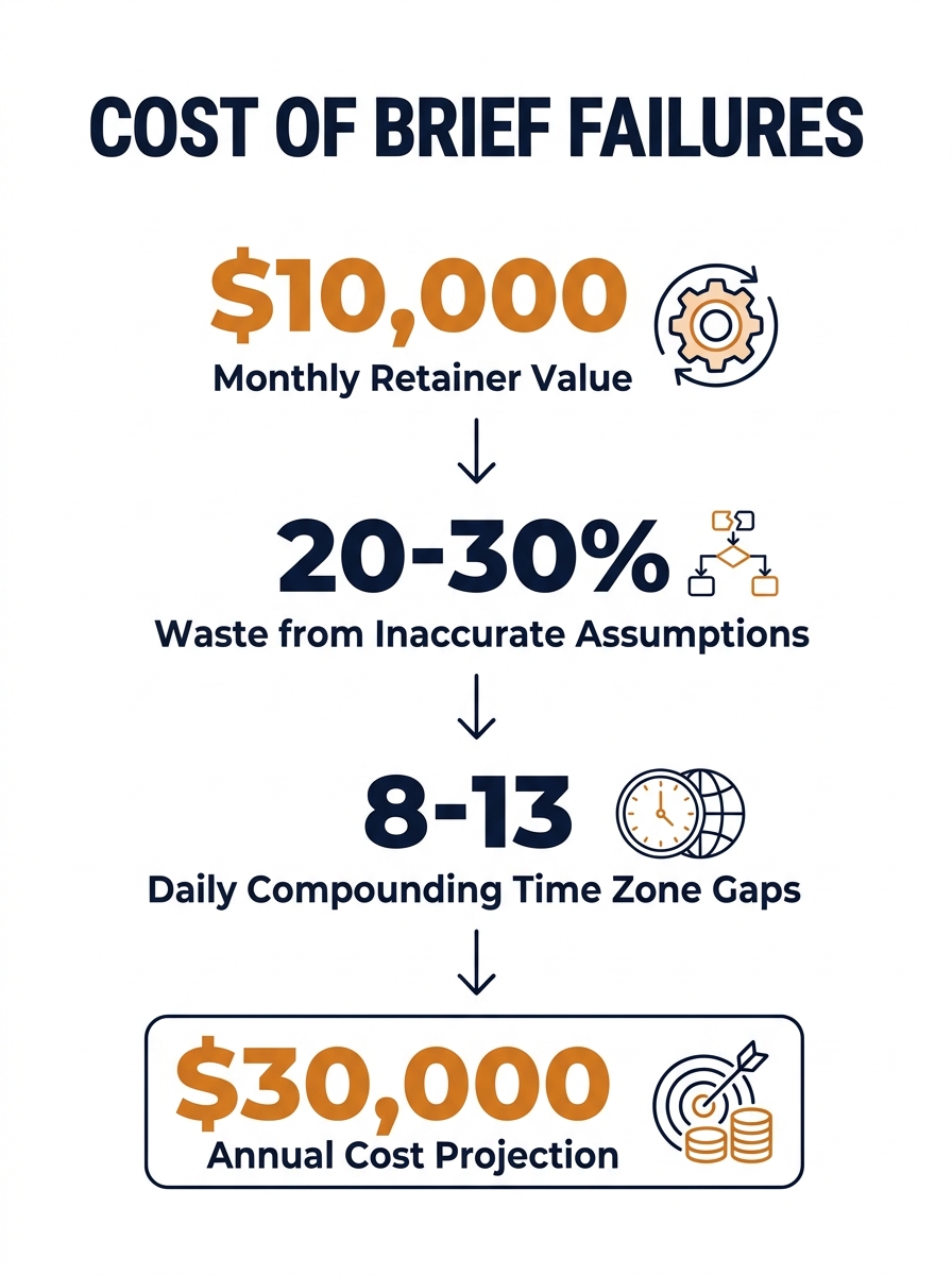 infographic showing a cost waterfall of brief failures, starting with a $10,000 monthly retainer, branching into 20-30% waste from inaccurate assumptions, daily compounding from 8-13 hour time zone ga