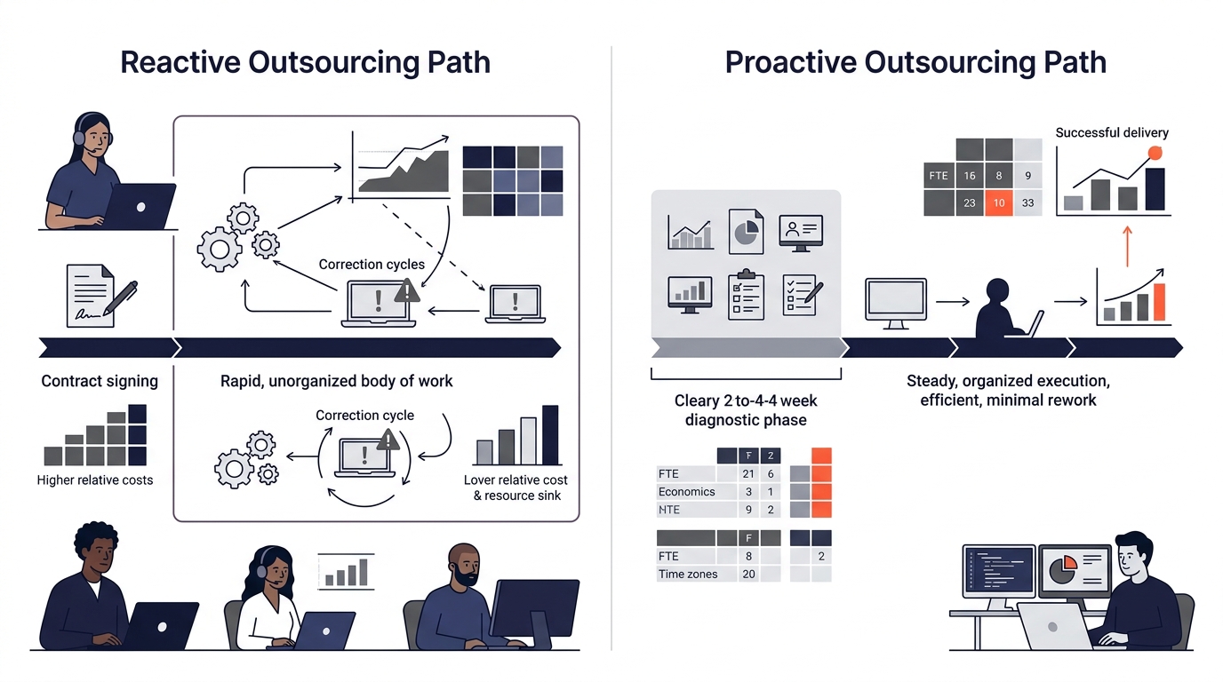 timeline comparison showing two outsourcing paths side by side, a reactive path with contract signing leading directly to work and multiple costly correction cycles, versus a proactive path with a 2-t