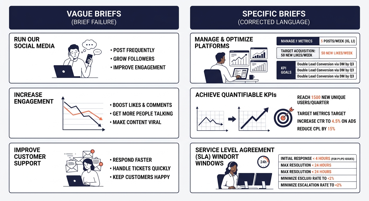 side-by-side comparison diagram showing three categories of brief failure on the left with vague language examples like run our social media and increase engagement, paired with corrected specific lan