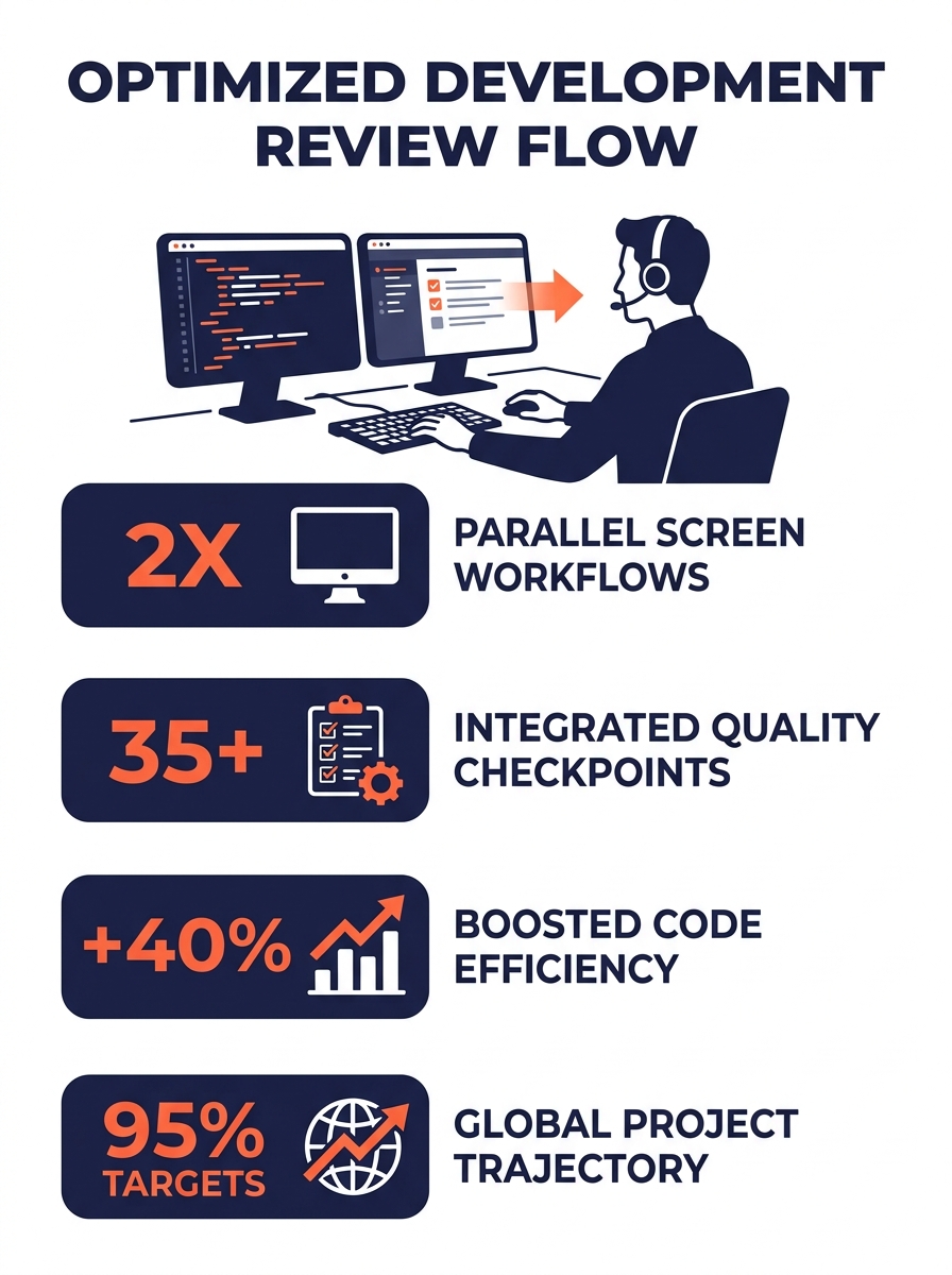Software developer reviewing code on dual monitors with quality assurance checklist visible
