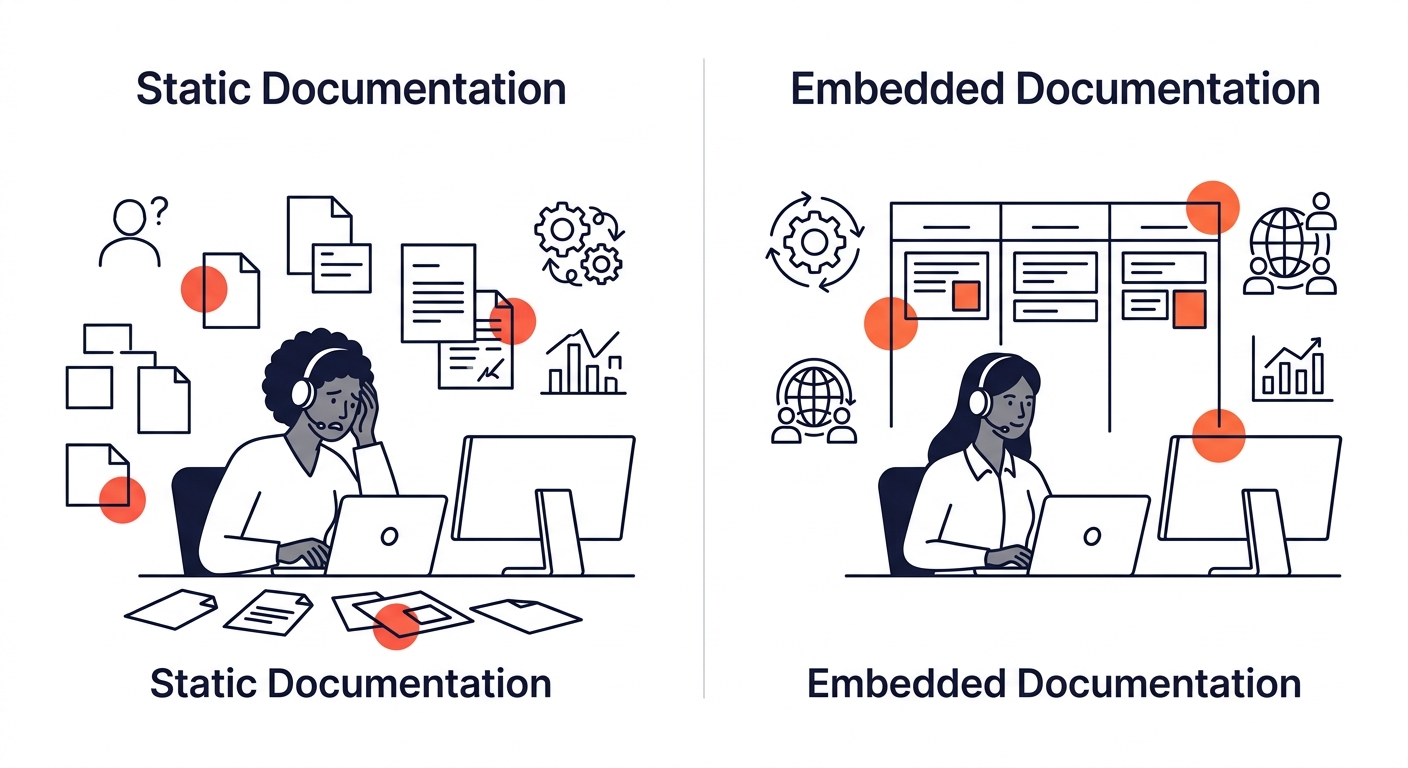 A side-by-side comparison illustration showing two offshore dev team setups—one labeled "Static Documentation" showing scattered, outdated files with confused developers, and one labeled "Embedded Doc