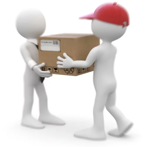 3D render of small man delivering a box to a recipient