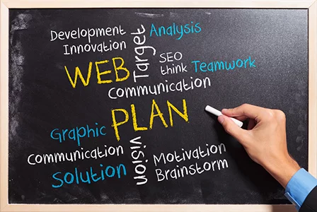 things-to-consider-before-designing-your-site Blackboard with hand writing web plan strategy concept