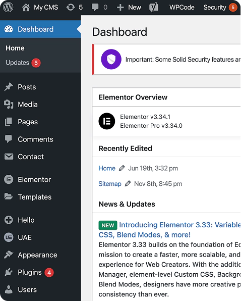 Screenshot of a WordPress dashboard displaying updates, Elementor version details, and a notification about new features.