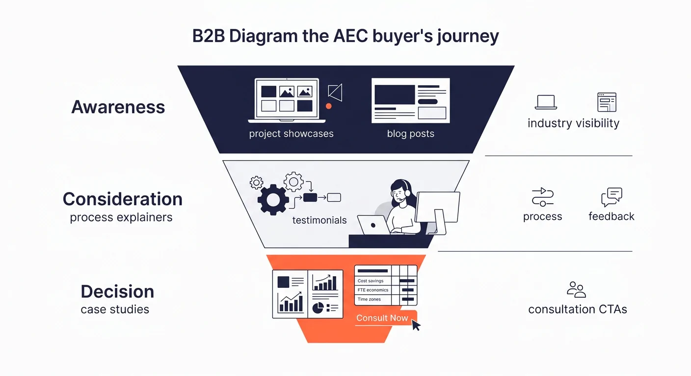 a funnel diagram showing the three stages of the AEC buyer's journey — Awareness at the top with project showcases and blog posts, Consideration in the middle with process explainers and testimonials,