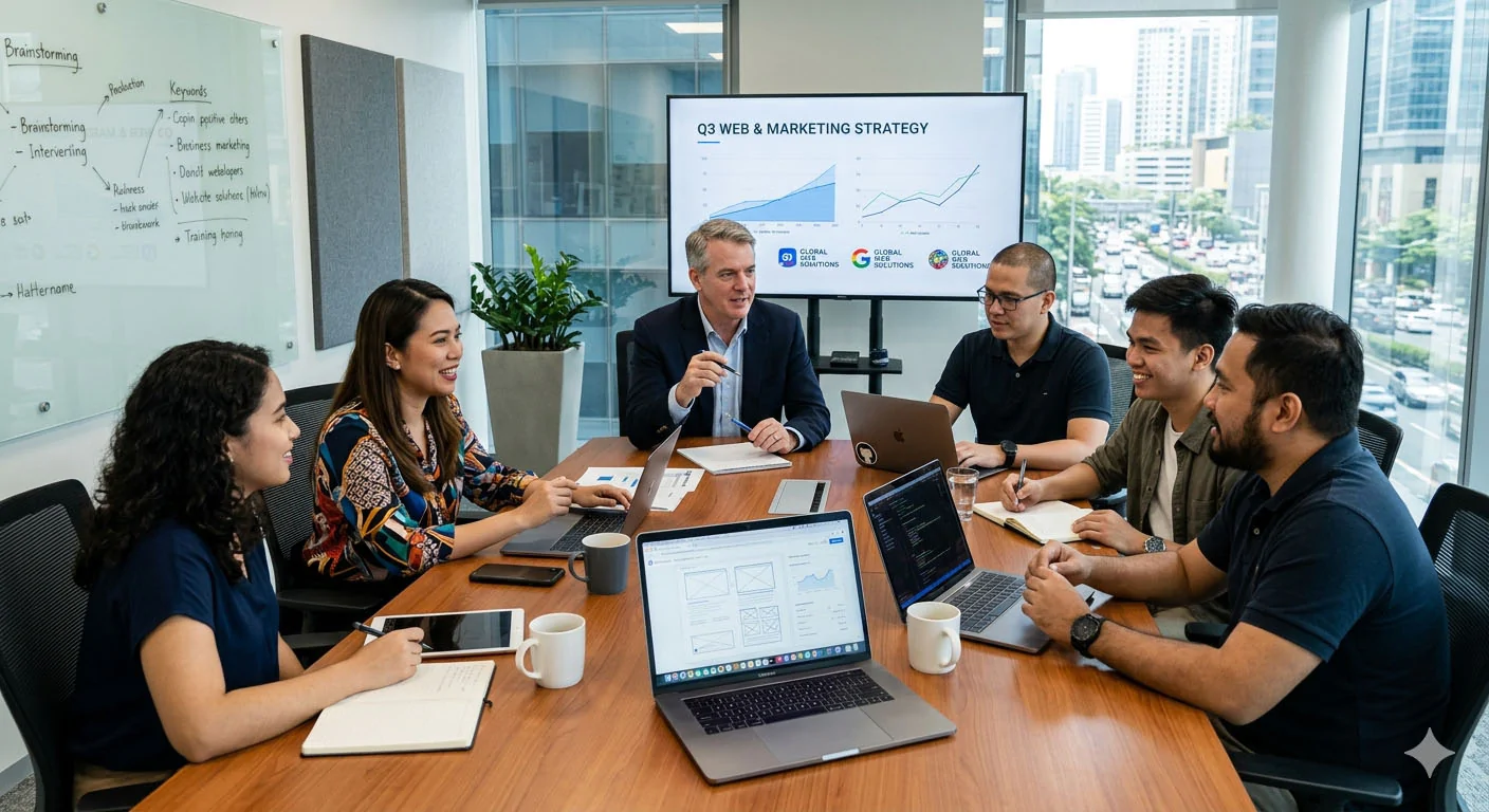 Team of Filipino Workers in a conference room with American client