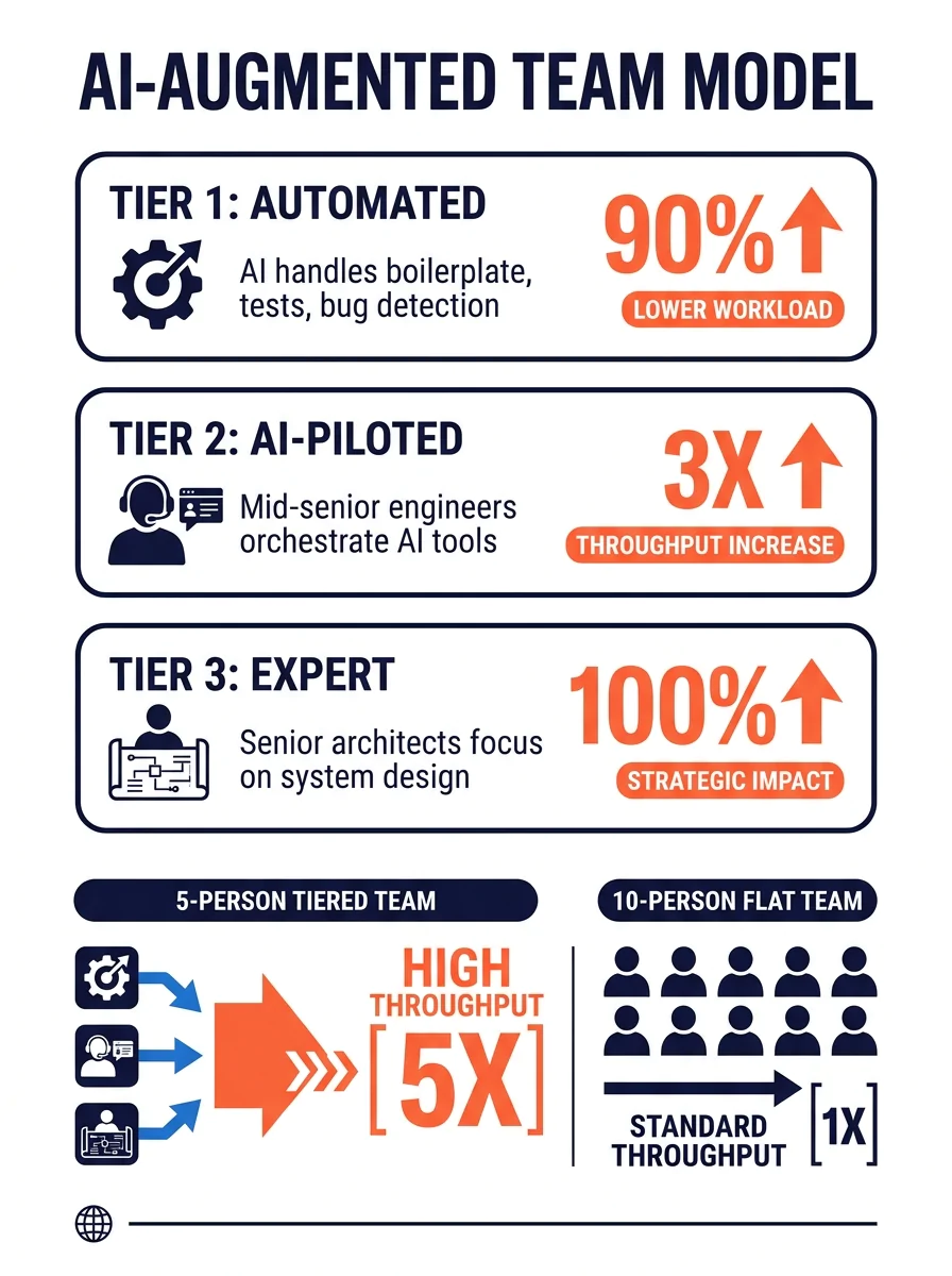 Infographic showing the three-tier AI-augmented team model — Tier 1 (Automated: AI handles boilerplate, tests, bug detection), Tier 2 (AI-Piloted: mid-senior engineers orchestrate AI tools), and Tier