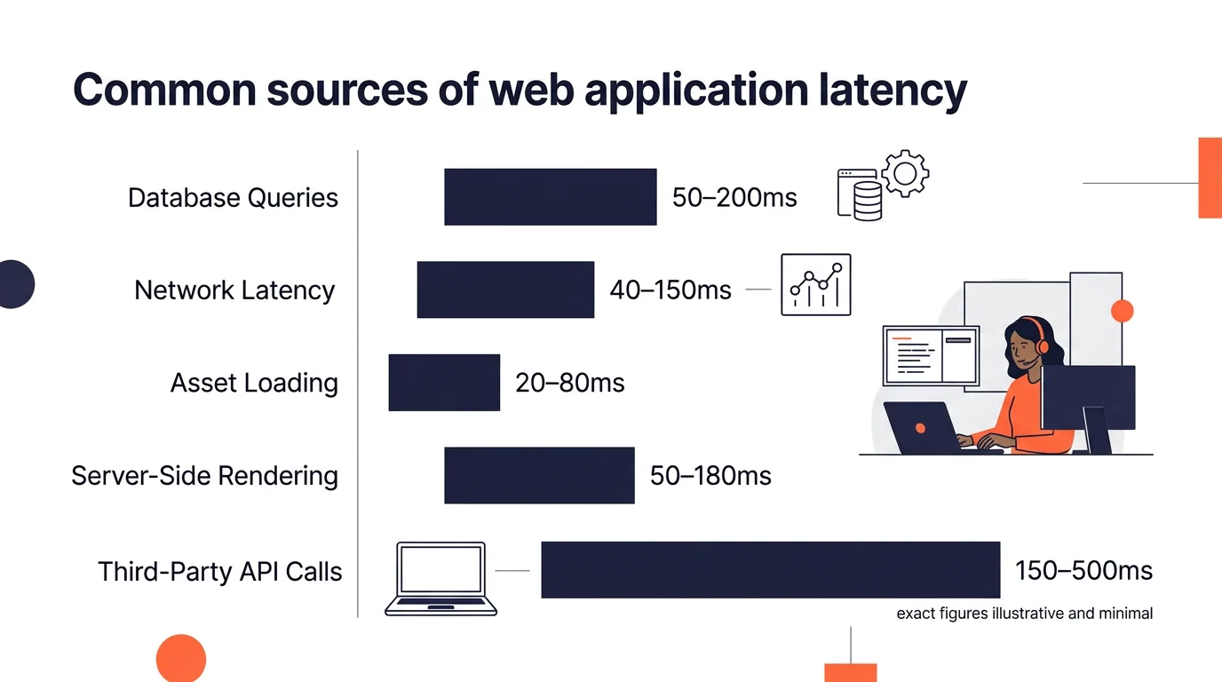 An infographic comparing common sources of web application latency — showing a horizontal bar chart with categories like database queries, network latency, asset loading, server-side rendering, and th