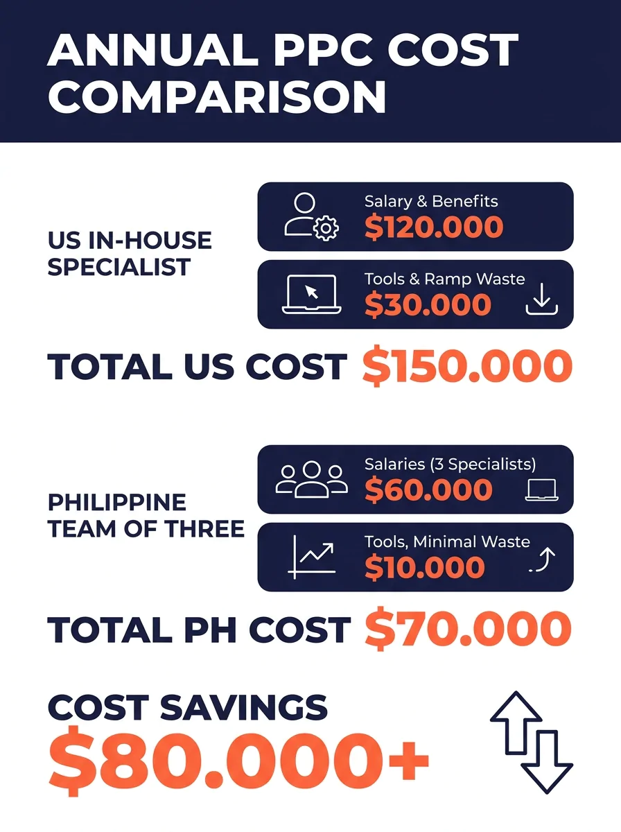 Infographic comparing total annual costs of an in-house US PPC specialist (salary, benefits, tools, wasted ad spend during ramp-up) versus a Philippine PPC team of three (salaries, tools, minimal ramp