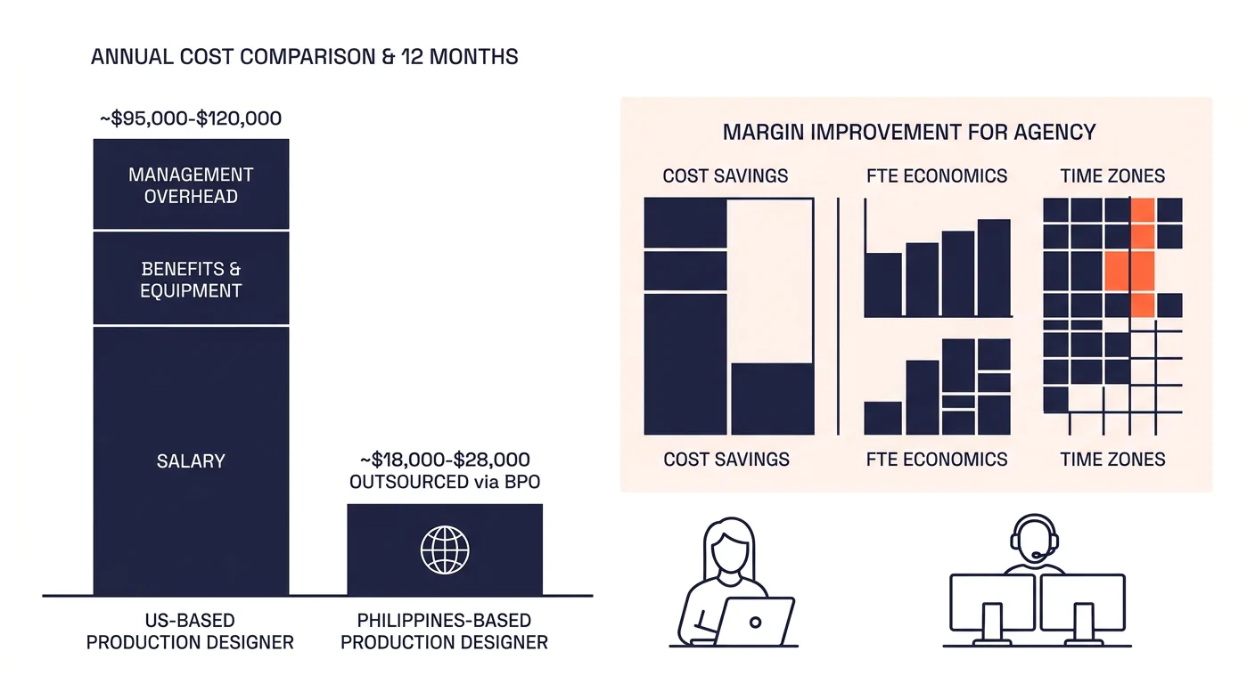 A bar chart comparing the annual cost of a US-based production designer (salary, benefits, equipment, management overhead totaling approximately $95,000-$120,000) versus a Philippines-based production