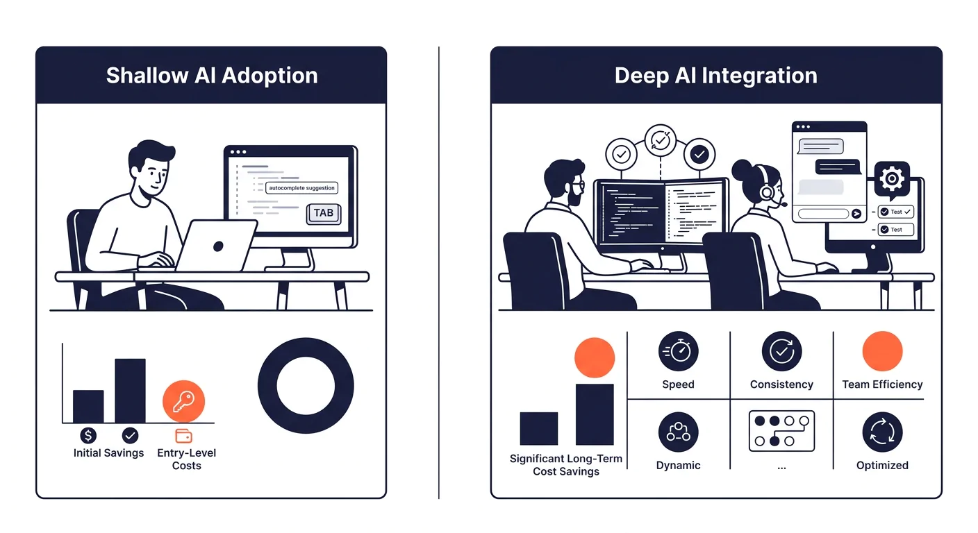 Split comparison showing two Philippine dev team approaches - shallow AI adoption with basic autocomplete usage on the left versus deep AI integration with automated testing pipelines and agentic debu
