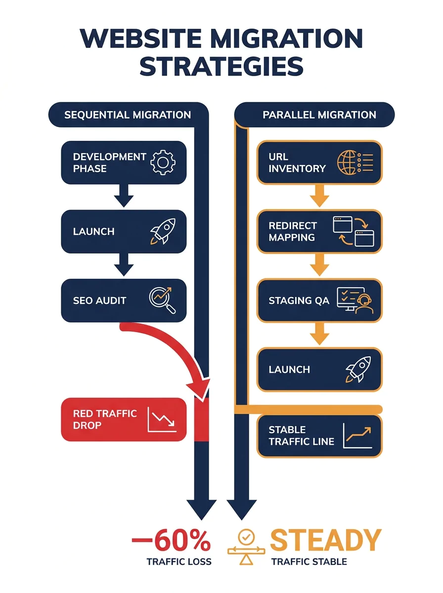 Infographic showing two parallel timelines — one labeled "Sequential Migration" where SEO audit happens after launch with a red traffic drop, and one labeled "Parallel Migration" where SEO audit runs
