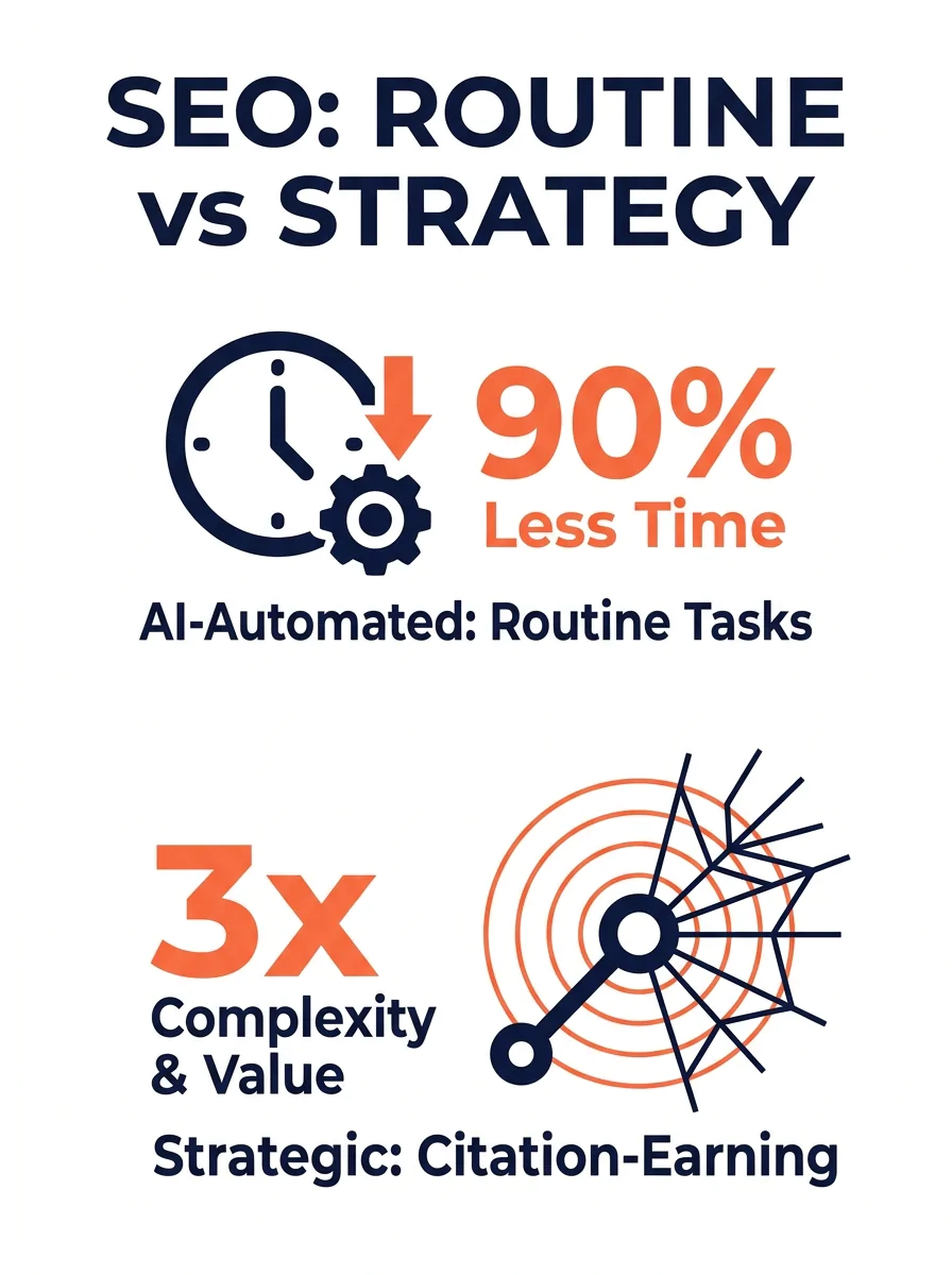 a split-screen comparison showing routine SEO tasks on the left side compressed by AI automation with a shrinking clock icon, and strategic citation-earning tasks on the right side expanding with grow