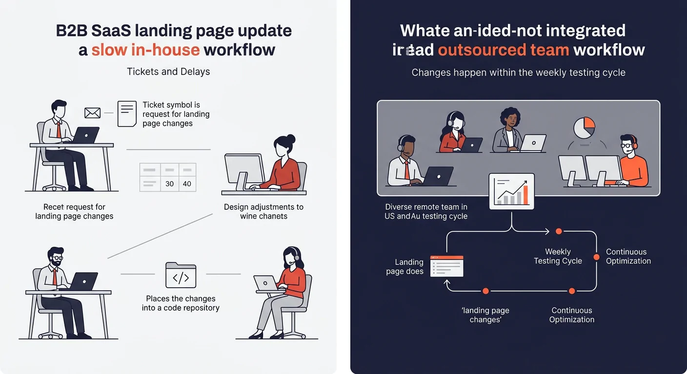 Side-by-side comparison of a slow in-house landing page update workflow with tickets and delays versus an integrated outsourced team workflow where landing page changes happen within the weekly testin