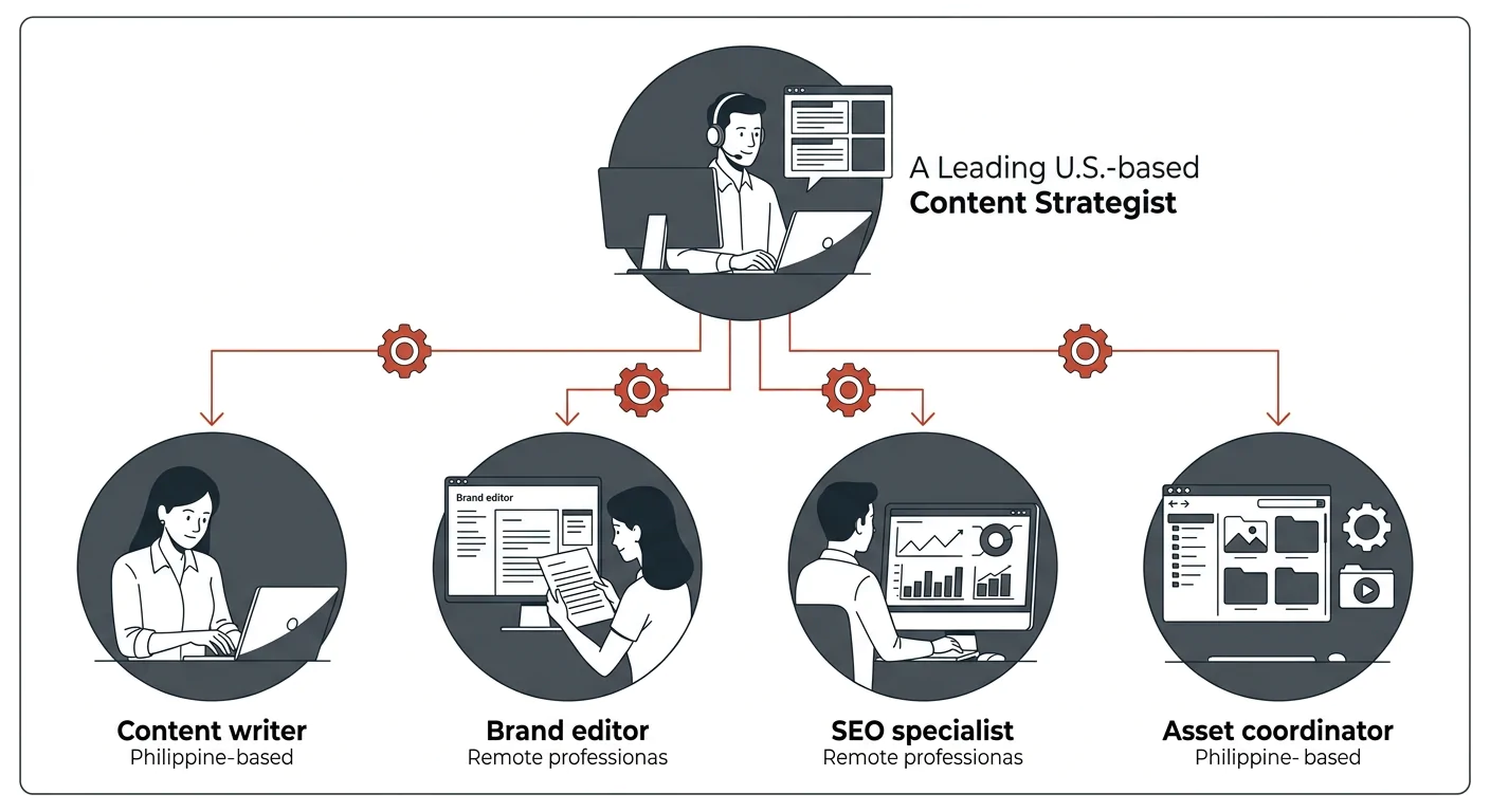 A diagram showing the hybrid content model with a U.S.-based content strategist at the top connected by arrows to four Philippine-based roles below — content writer, brand editor, SEO specialist, and