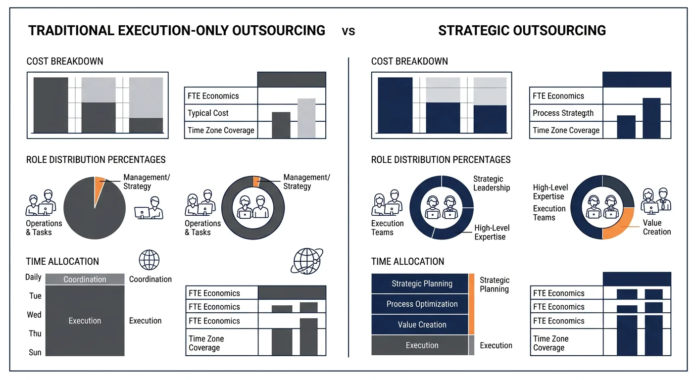 infographic comparing the traditional execution-only outsourcing model versus the strategic outsourcing model, showing two columns with cost breakdowns, role distribution percentages, and time allocat