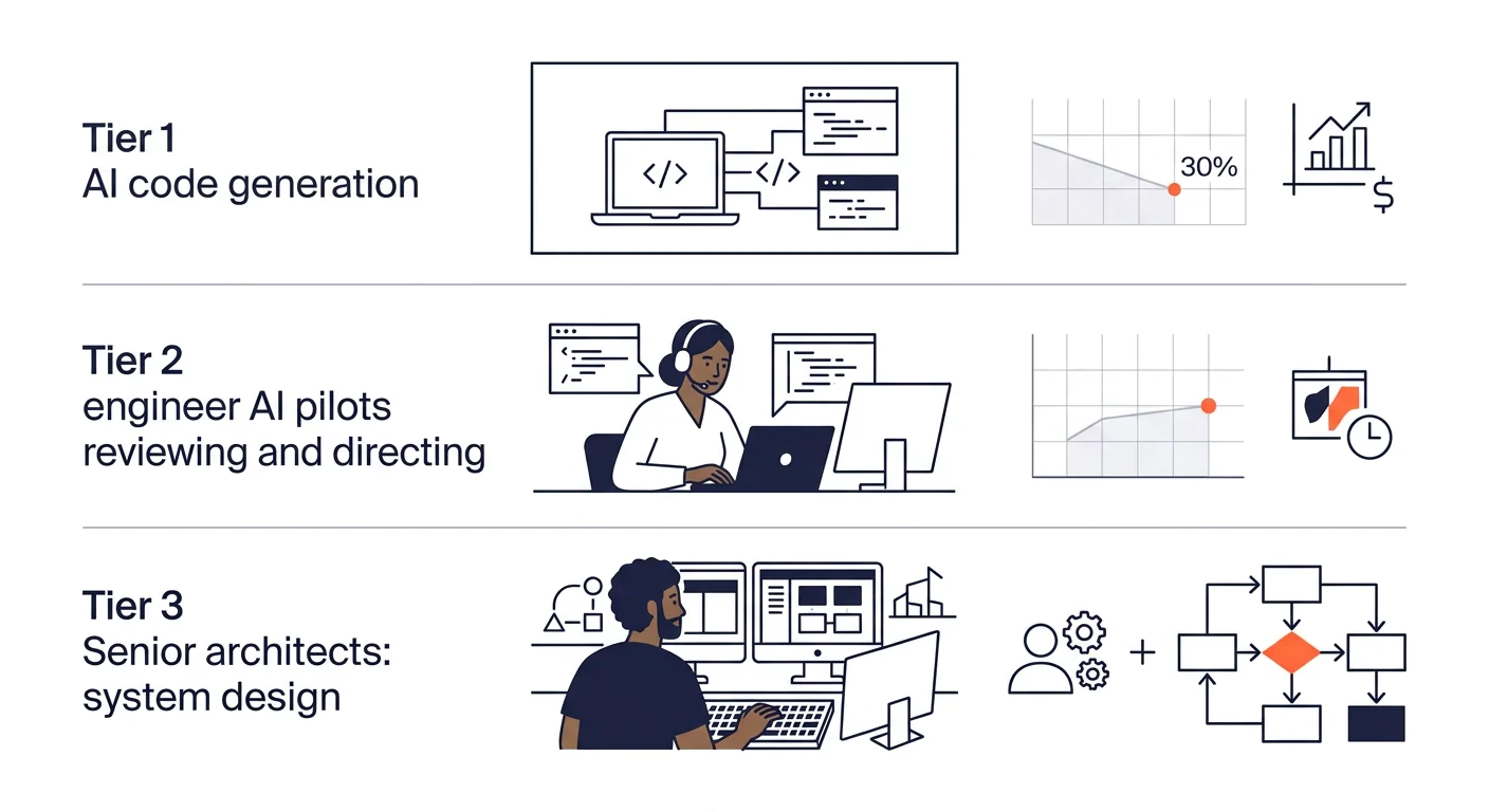 Diagram showing the three-tier AI-augmented development team structure with Tier 1 AI code generation, Tier 2 engineer AI pilots reviewing and directing, and Tier 3 senior architects handling system d