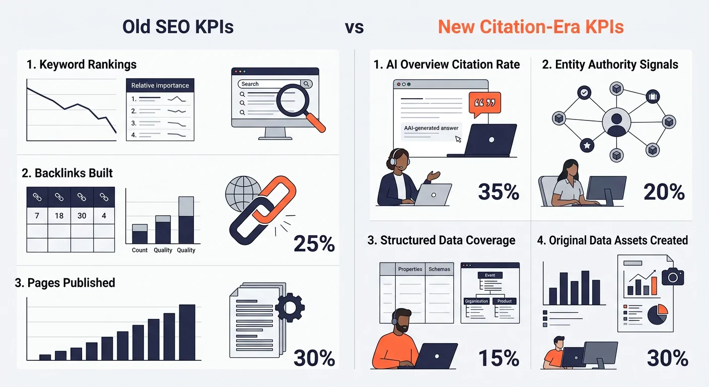 an infographic showing the shift from old SEO KPIs (keyword rankings, backlinks built, pages published) to new citation-era KPIs (AI Overview citation rate, entity authority signals, structured data c