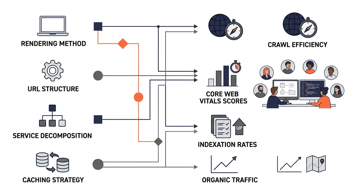 flowchart showing how architectural decisions in web app development (rendering method, URL structure, service decomposition, caching strategy) directly affect SEO outcomes (crawl efficiency, Core Web