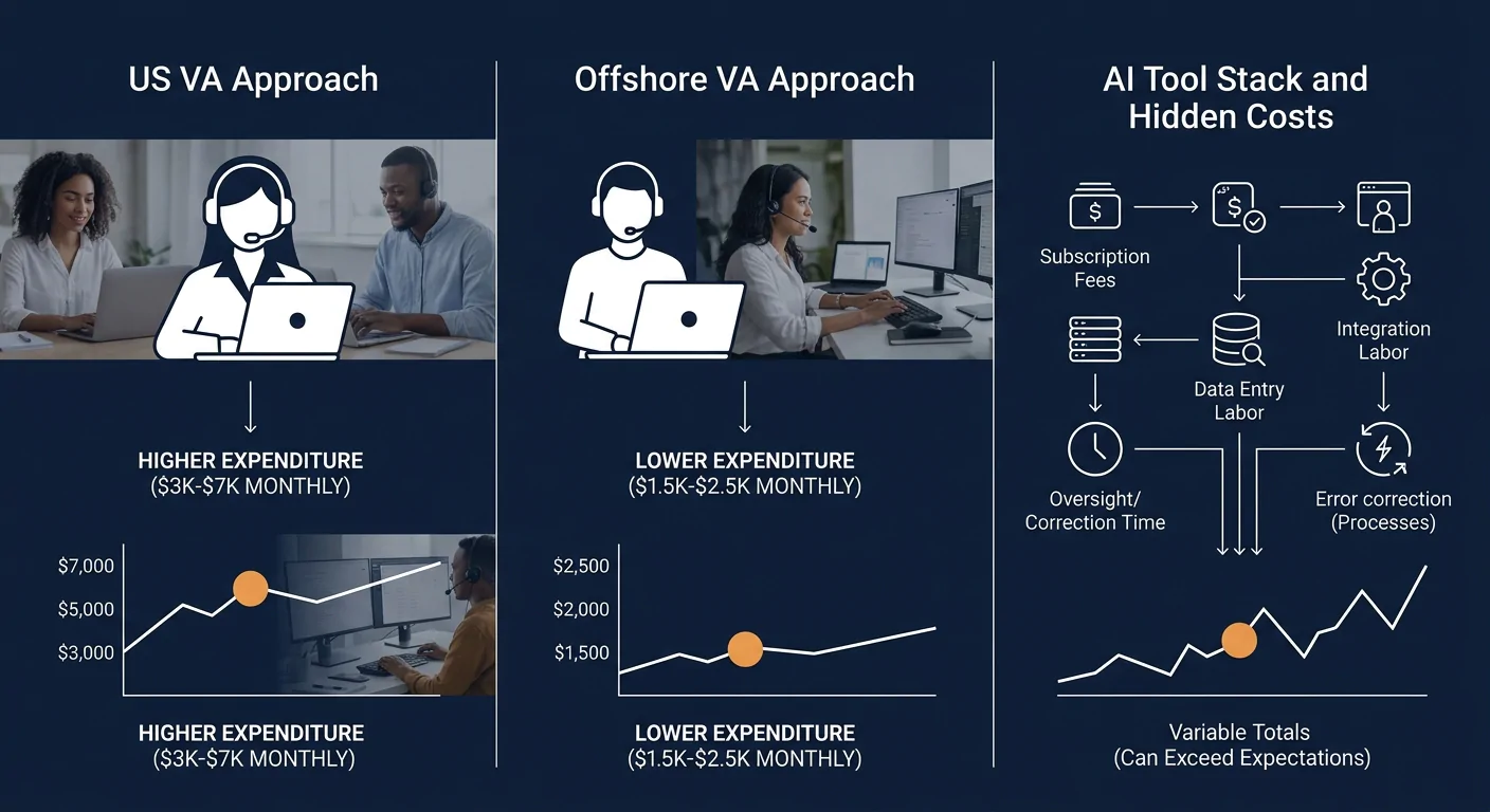 Side-by-side cost comparison showing monthly expenses for three approaches - US-based VA at $3,000-$7,000, Offshore VA at $1,500-$2,500, and AI tool stack with hidden costs including subscriptions, in