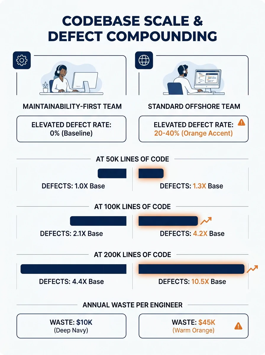 Infographic showing how defect density compounds as codebases grow, comparing a maintainability-first team versus a standard offshore team, with defect counts at 50K, 100K, and 200K lines of code, dol