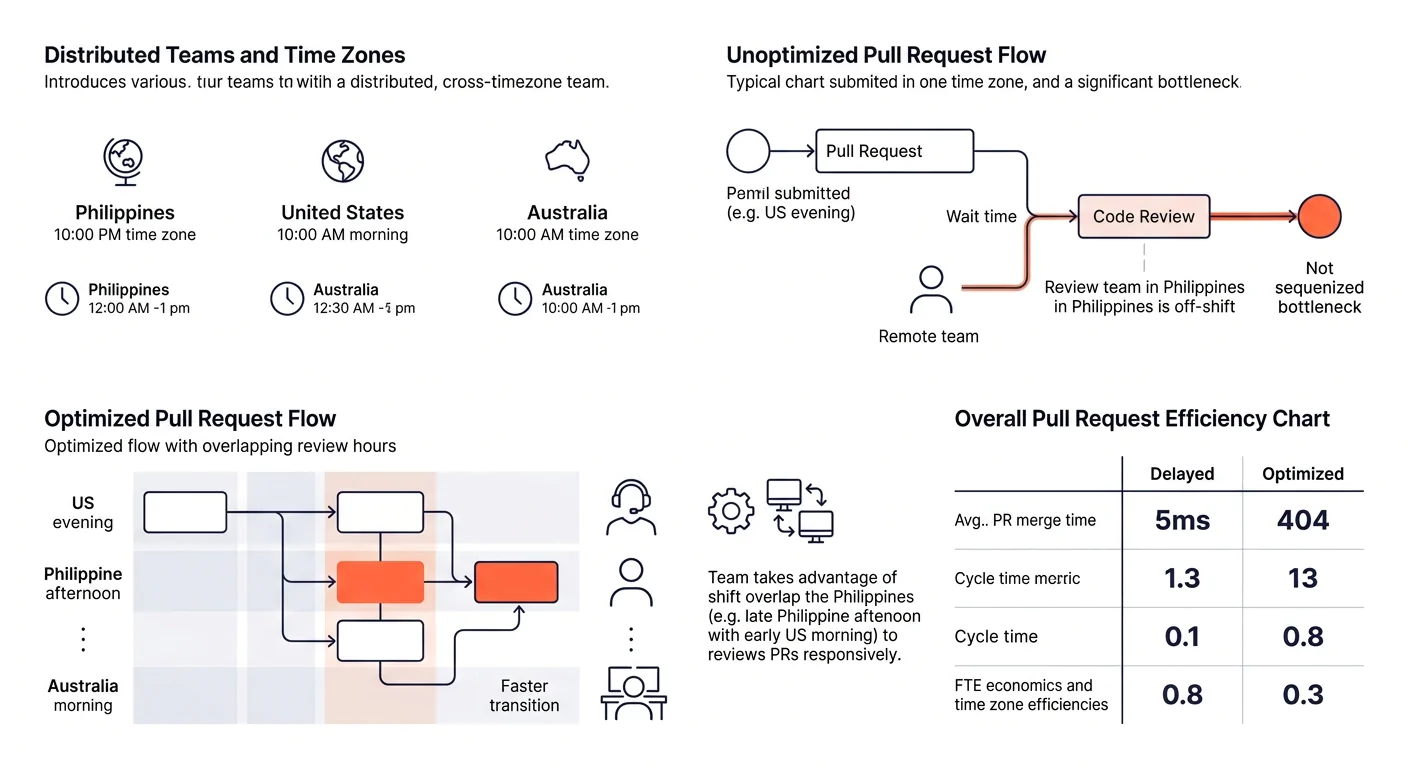 A workflow diagram showing a pull request lifecycle in a distributed team, with time zones marked — illustrating the delay pattern when reviews cross time-zone boundaries versus an optimized flow with