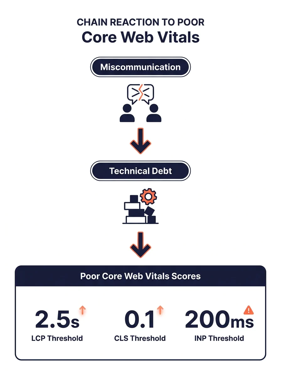 infographic showing a chain reaction flowchart from miscommunication to technical debt to poor Core Web Vitals scores, with specific metrics like LCP threshold of 2.5 seconds, CLS threshold of 0.1, an