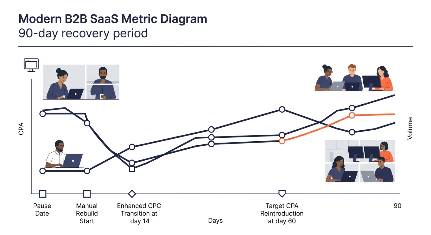 A line graph showing CPA and conversion volume over a 90-day recovery period, with clear markers for the pause date, manual rebuild start, Enhanced CPC transition at day 14, and Target CPA reintroduct