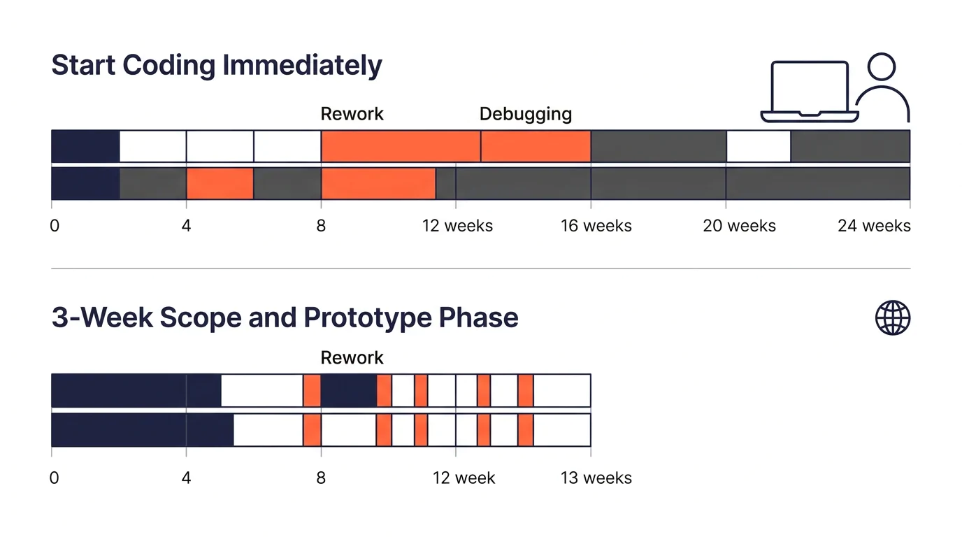 Horizontal bar chart comparing two project approaches labeled Start Coding Immediately showing a 24-week total timeline with highlighted rework and debugging periods consuming 8 weeks, versus 3-Week S