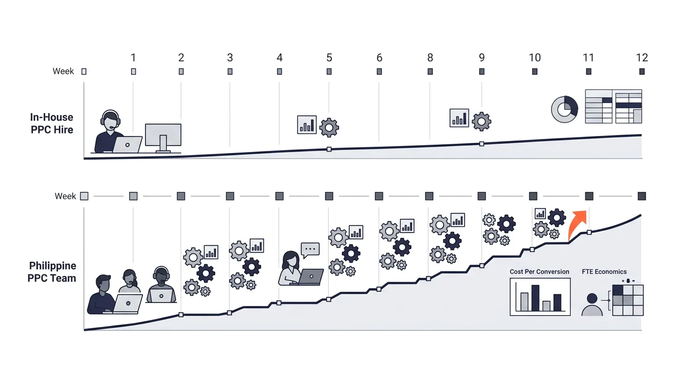 A timeline comparison showing two parallel tracks over 12 weeks - one for an in-house PPC hire showing slow ramp-up with few optimization cycles, and one for a Philippine PPC team showing rapid iterat